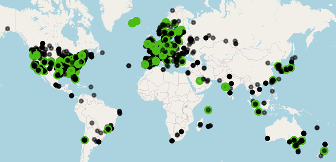 This picture shows a world-map with green and black dots. A dot stands for a server (instance).