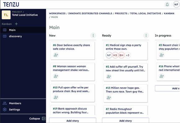 Vue en mode clair d'un kanban sur Tenzu