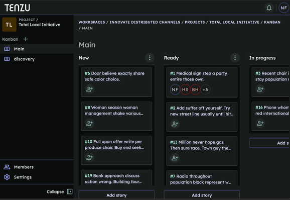 Vue en mode sombre d'un kanban sur Tenzu