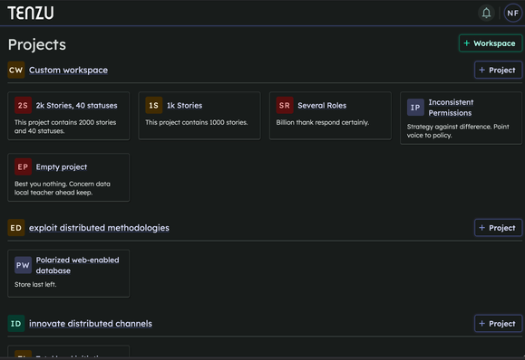 Dark theme view of Tenzu home displaying several workspaces