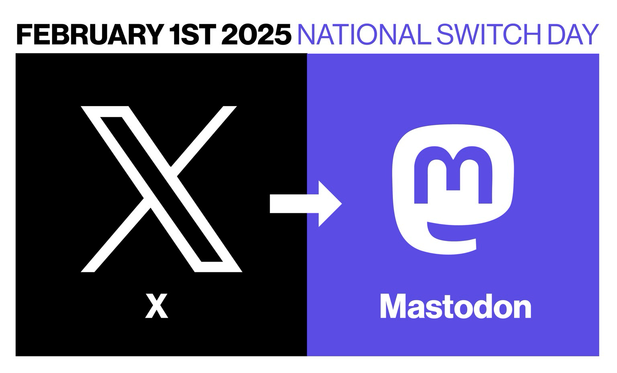 X logo on the left with an arrow in the middle pointing to Mastodon logo on the right. Text above: Switchday on February first