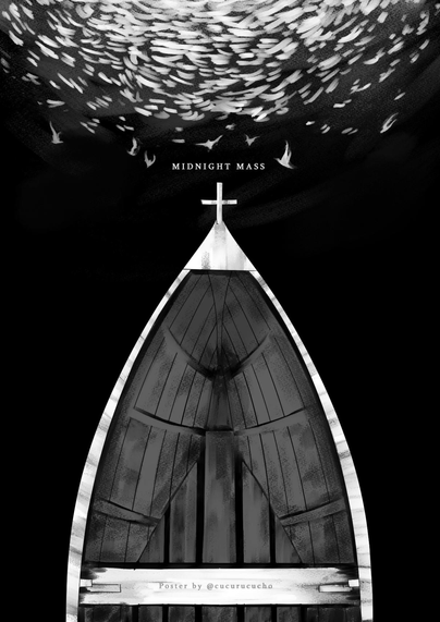 Cartel fan de la serie "Midnight Mass". Vemos la mitad superior de una barca de madera desde arriba, en blanco y negro. Su punta forma una cruz y justo encima unos destellos de la luna en el agua crean formas de unos seres alados.