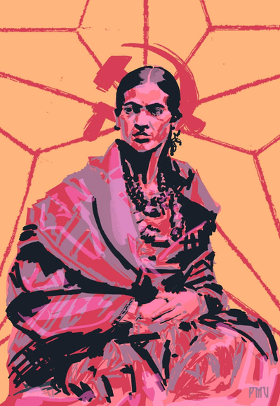 Pintura digital de Frida Kahlo, con pinceladas muy sueltas, en tonos violetas y rojizos. Detrás de su cabeza se muestra una hoz y martillo rojas en un fondo amarillo cálido.