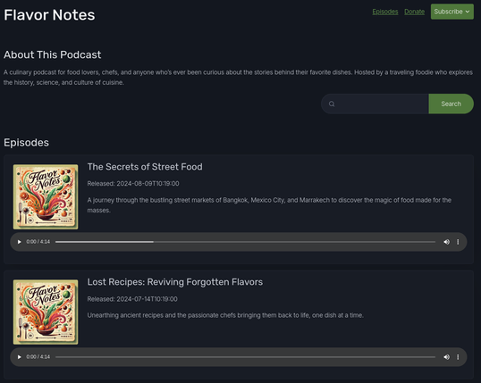 The podcast homepage for "Flavor Notes" show a description of the podcast along with the latest episodes with playable audio for each episode.