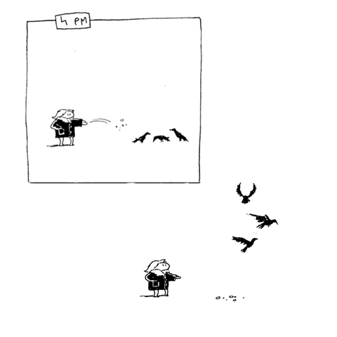 A black and white comic of a person trying to feed birds, throwing bread crumbs at them, only for the birds to fly away.