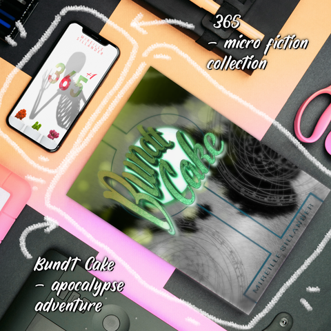 A colorful promotional image focusing on 2 book covers. One book is called 365 and is displayed on a phone screen. The other book is a paperback titled Bundt Cake, laying perpendicular to the phone