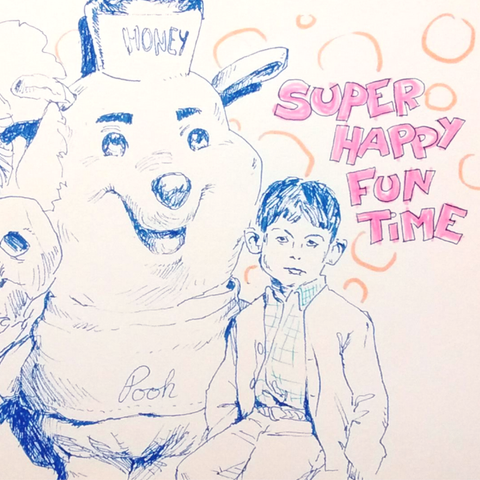 An uncolored illustration drawn with blue and red markers, of a nonplussed dark haired boy sitting on the lap of an adult human-sized cartoon bear. It is unclear if the bear is a mascot or a stuffed toy. It has a jar of honey on its head and its shirt reads "Pooh". A text next to the pair reads "Super happy fun time" in all caps.