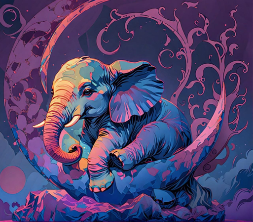 A vibrant, artistic depiction of an elephant serenely resting on an crescent moon-like arch. The elephant features bold shades of blue & purple, with intricate detailing in its ears & trunk. Surrounding the elephant is a crescent moon & decorative swirling vines add an ethereal quality. The background incorporates soft clouds & a hint of a circular shape that resembles a sun creating a dreamlike atmosphere.