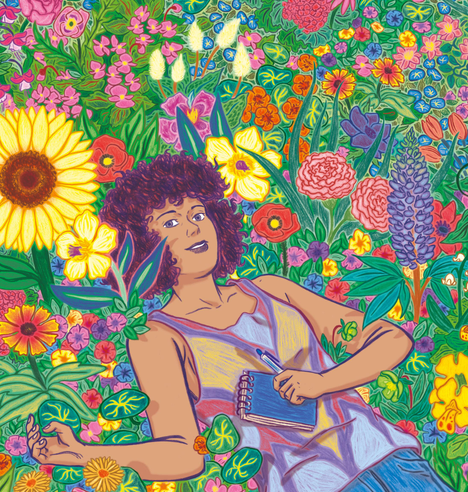 Illustration d'une femme allongée au milieu d’un champ de fleurs luxuriant. Elle tient un carnet et un stylo dans ses mains, entourée de tournesols, roses, lupins, et autres fleurs colorées. Ce dessin, réalisé au crayon noir et colorisé numériquement, est utilisé comme couverture d’une bande dessinée chez Delcourt.