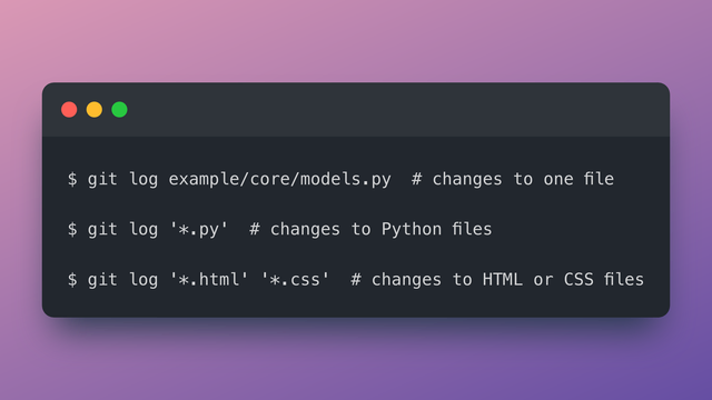 Three commands:

1. "git log example/core/models.py" for changes to one file
2. `git log '*.py'` for changes to Python files
3. `git log '*.html' '*.css'` for changes to HTML or CSS files