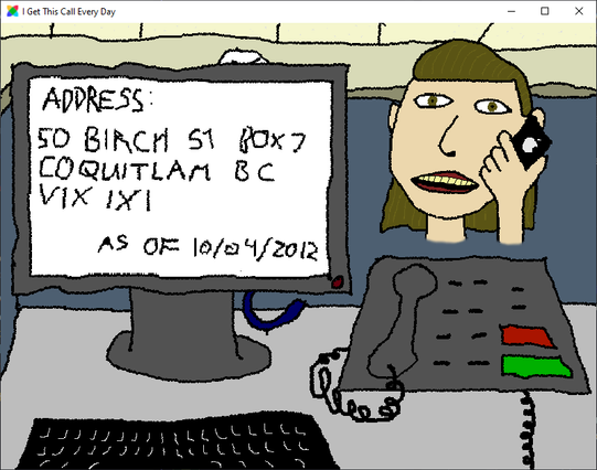 A screenshot from I Get This Call Every Day. A person's address appears on a badly-drawn computer screen while a floating head talks on a cell phone, representing the person on the other end of the phone line.