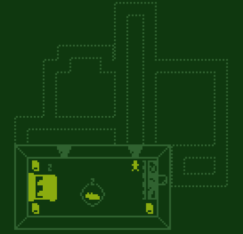 A screenshot from a bitsy game named Minuit. A small person stands in a bedroom near a sleeping dog and slumbering adults. The rest of the house's rooms are visible as dotted outlines.