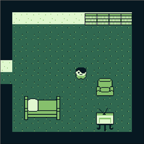 A screenshot from a work-in-progress port of Apocalypse Later to the Game Boy. A small person stands in a sparsely-decorated room.