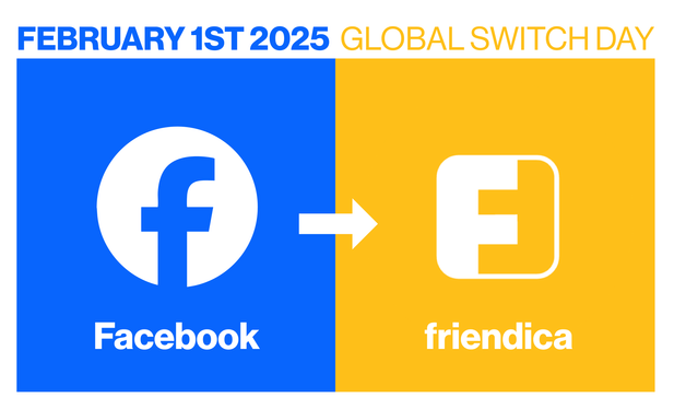 Facebook logo on the left with an arrow in the middle pointing to friendica logo on the right. Text above: February first 2025, global switch day