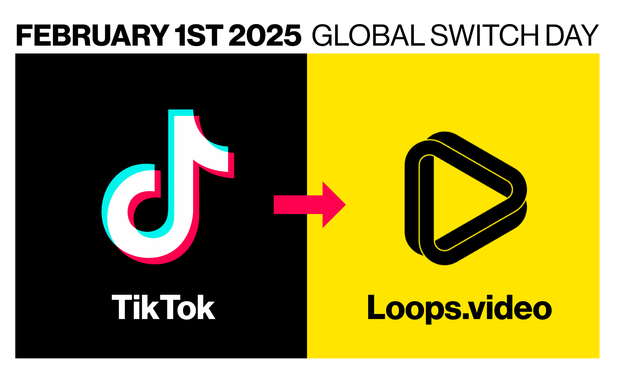 TikTok logo on the left with an arrow in the middle pointing to Loops.video logo on the right. Text above: February first 2025, global switch day