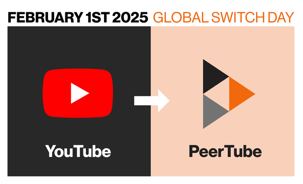 YouTube logo on the left with an arrow in the middle pointing to PeerTube logo on the right. Text above: February first 2025, global switch day