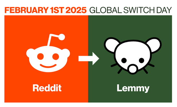 Reddit logo on the left with an arrow in the middle pointing to Lemmy logo on the right. Text above: February first 2025, global switch day