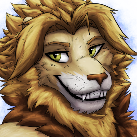 Headshot of an anthro lion named Ado, character looks toward the left smiling