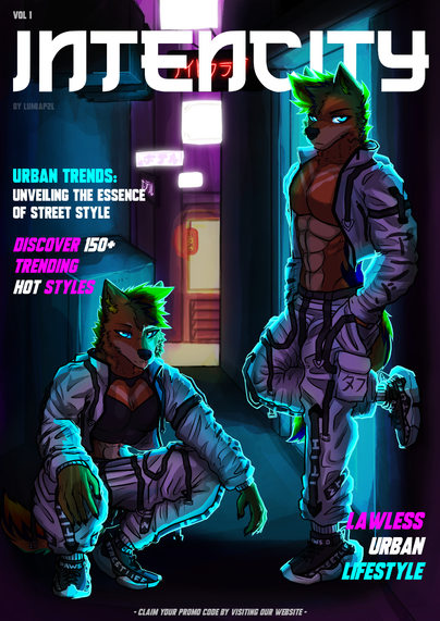 Front page of a fashion furry magazine featuring two similar characters, on the left the female version who's crouching and looking far, on the right the male version looking toward viewer, hands in his pockets. They both wear the same clothes.