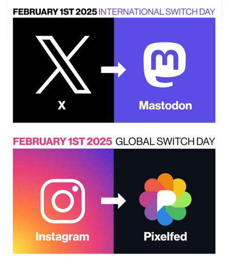Logos of X, Mastodon, Instagram, Pixelfed with  February 1st 2025: “Global Switch Day” / “International Switch Day”