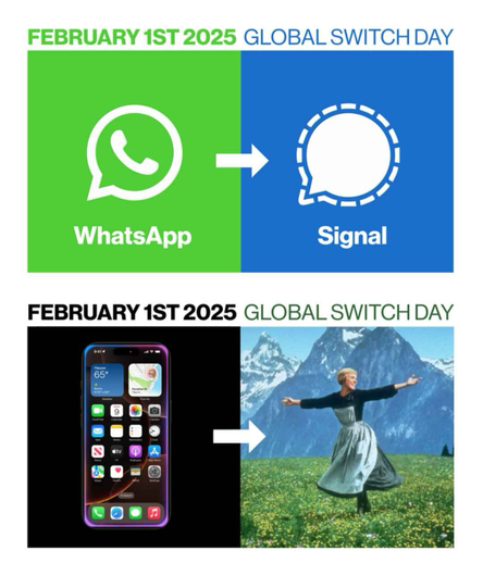 Logo’s of WhatsApp and Signal, with February 1st 2025: “Global Switch Day” / “International Switch Day”