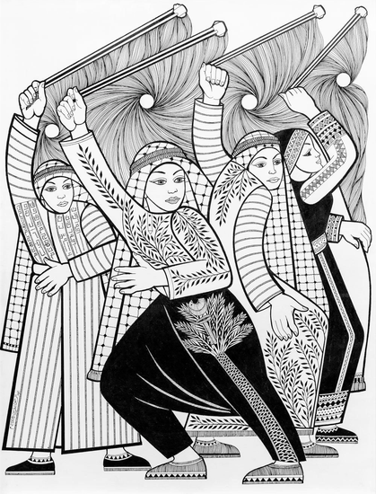 Black ink drawing of several figures posing in keffiyehs and patterned tunics/pants, their arms all raised high holding flags with swirling lines.