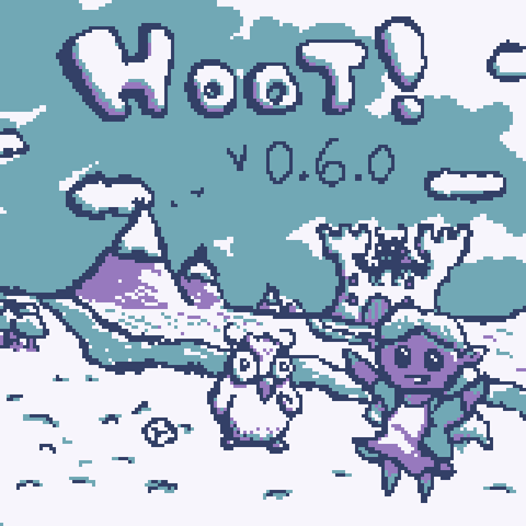 Hoot 0.6.0 release image. It's a pixel art showing mountains, river, castle in the background, owl and some anthropomorphic creature in the foreground.