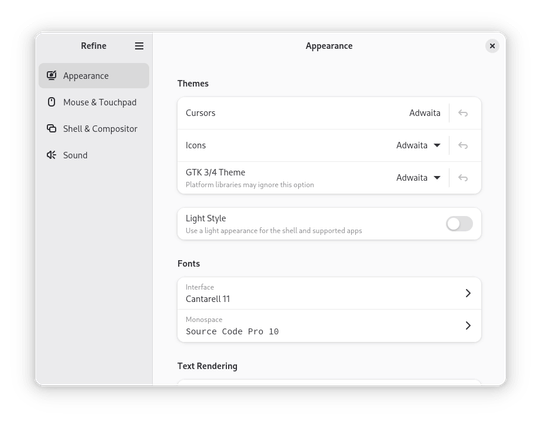 A screenshot of Refine, showing the "Appearance" settings page. It contains options for themes, fonts, and text rendering