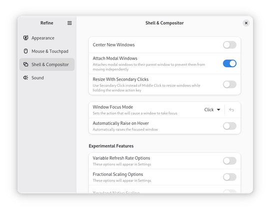 A screenshot of Refine, showing the "Shell & Compositor" settings page. It contains options for windows, and experimental features