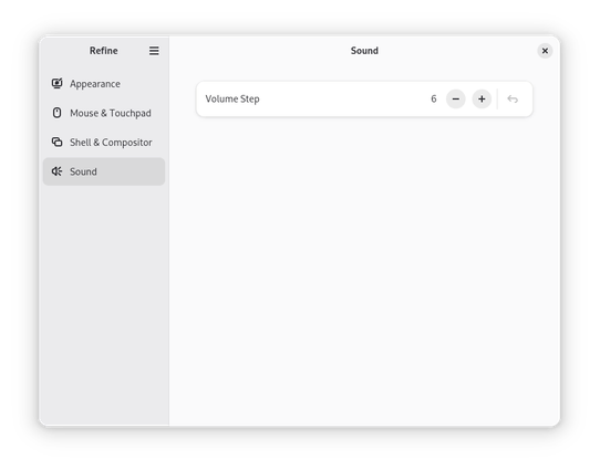 A screenshot of Refine, showing the "Sound" settings page. It contains an options for volume step