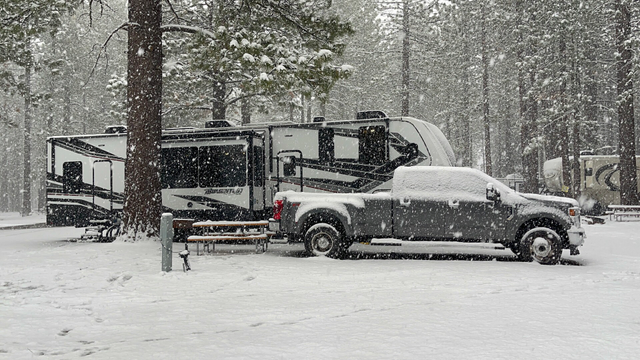 Our 5th wheel RV in the snow at Lake Tahoe in May.