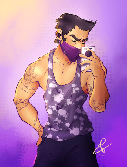 A fit young man, with multiple tattoos wrapping his arms, is posing for a mirror selfie, holding his phone and flexing. He is wearing earbuds, a purple tank top, sweatpants and a Covid mask.