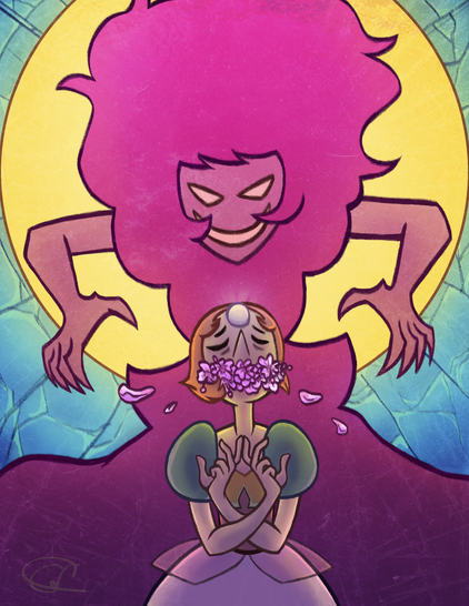 A fanart of the show Steven Universe where the character pearl is silenced by gentle flowers covering her mouth. Whilst she is doing a diamond salute, her eyes closed and resigned, a shattered decorative glass window of the character Pink Diamond, interpreted as evil, is looming over Pearl as though she is the one responsible for silencing her.