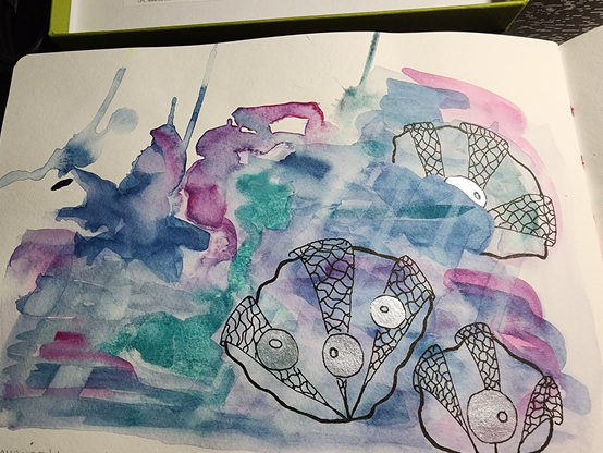 Playing with granulation and paint lifting, this painting started out as paint blobs in an indigo, deep magenta, and teal green. Going back over it with a 0.5 black ink pen, I picked out some shell shapes, which appear to have nets thrown over them, with shiny pearls or bubbles caught in them. 