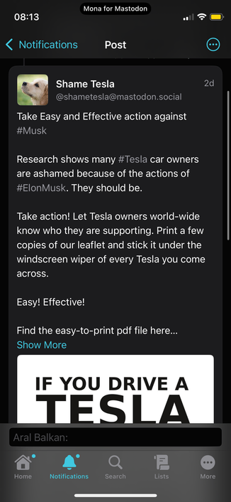 Screenshot of Shame Tesla account’s post from two days ago:

Take Easy and Effective action against
#Musk
2d
Research shows many #Tesla car owners are ashamed because of the actions of #ElonMusk. They should be.
Take action! Let Tesla owners world-wide know who they are supporting. Print a few copies of our leaflet and stick it under the windscreen wiper of every Tesla you come across.
Easy! Effective!
Find the easy-to-print pdf file here...

Show More

Top of image, showing headline:
IF YOU DRIVE A TESLA