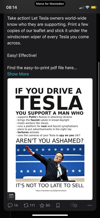 Screenshot of end of Shame Tesla’s post continued from last screenshot, showing entire image/poster with photo of Elon Musk performing a Hitler salute at Trump’s inauguration accompanied by the following text:

IF YOU DRIVE A TESLA
YOU SUPPORT A MAN WHO
- supports Putin's Russia in attacking Ukraine
- brings the fascist salute in broad daylight
- treats workers like slaves
- runs a platform for nazi and fascist symphatisers
- plans to put advertisements in the night sky
- tortures animals
- uses the cameras of your Tesla to spy on you 24/7
AREN'T YOU ASHAMED?
IT'S NOT TOO LATE TO SELL
https://mastodon.social/@shametesla