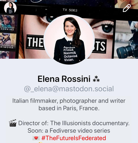 A screenshot showing how my profile appears in the app Ivory. Under my name Elena Rossini, there is this bio: director of The Illusionists documentary. Soon: a Fediverse video series. And then a letter emoji followed by the hashtag The Future is Federated 