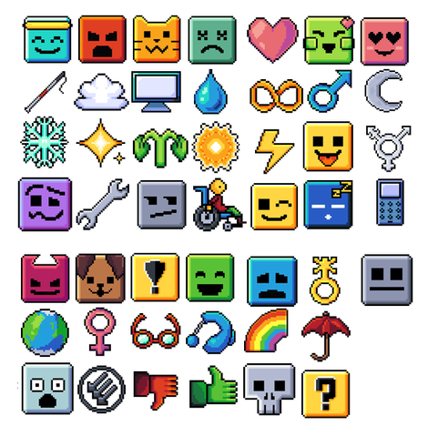 an image showing all the emojis in the set, for example sprout emoji, cat and dog emoji, skull emoji, various disability aids like blind walking cane, wheelchair, hearing aid or glasses, gender symbols (male, female, trans, nb), three arrows symbol, wrench, heart emoji etc.