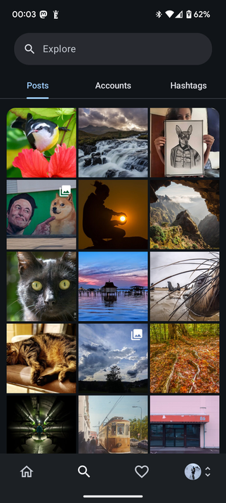 The new explore page in the Pixelfed client Pixelix