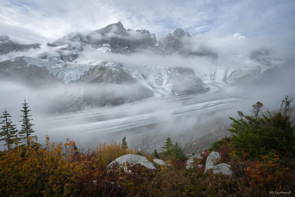 Patience & Gratitude (2024)

A picturesque arrangement of fall color overlooks a dramatic and atmospheric moment - perfectly obscuring jagged peaks, icefalls, and winding glaciers in the Central Coast Mountains of British Columbia.