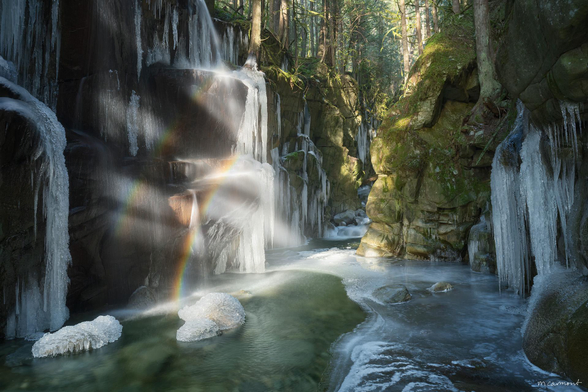 An Unusual Scenario (2024)

A cold snap completely transforms this rainforest canyon. Icicles meters in length frame the scene, creating a strange yet whimsical feeling. As the afternoon sun lowered, it found its way into the gorge, casting a double rainbow on a seasonal waterfall—a true once-in-a-lifetime moment.