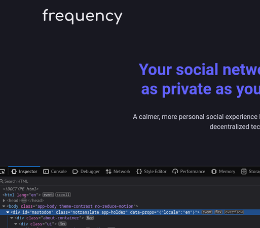 A screenshot of the Frequency website and browser DevTools, showing a root element with the ID "mastodon"