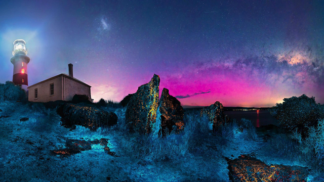 Tasmania’s Low Head is home to one of the most important lighthouse arrays. Sitting at the mouth of kanamaluka/River Tamar, it serves as herald of land for sailors arriving across the Bass Strait. Occasionally it plays host to the southern aurora and the setting Milky Way, captured with grasses and rocks fluorescing strongly in the foreground.