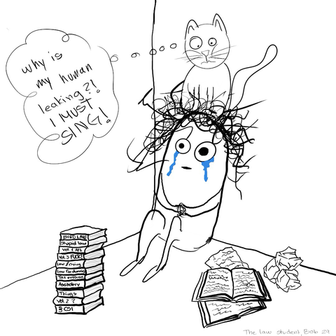 A woman crying in the corner with piles of books around her. A cat is sitting on her head saying "why is ny human leaking? I must sing!". 