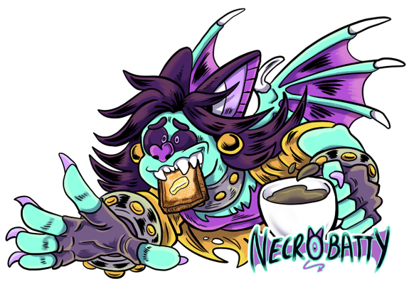 A brightly coloured teal and purple bat anthro wearing a yello shirt reaches towards the screen whilst trying to balance a cupt of tea in one hand and some toast in their mouth. The watermark reads NECROBATTY, the artist's penname