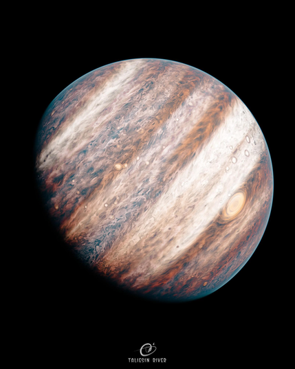 A realistic render of a fictional gas giant planet resembling Jupiter, with broad and swirling bands of brown, red, and white gas, and a large elliptical storm