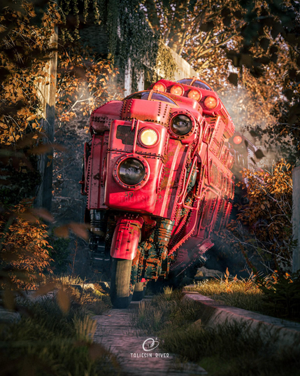 A realistic render of a scifi train driving through autumn trees, with the style of a historic locomotive but balancing on rubber tires like a motorcycle.