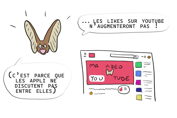 petite chauve-souris qui dit "...les likes sur youtube n'augmenteront pas !" "c'est parce que les appli ne discutent pas entre elles" et on voit la vidéo youtube qui n'a que 5 likes