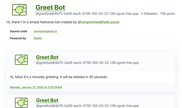 A screenshot of BotKit's new web interface showing Greet Bot's profile page and posts. The profile displays the bot's avatar (a green dinosaur, which is the BotKit logo), name, handle, follower count, and bio. Below that are individual posts from the bot, including timestamps and content.