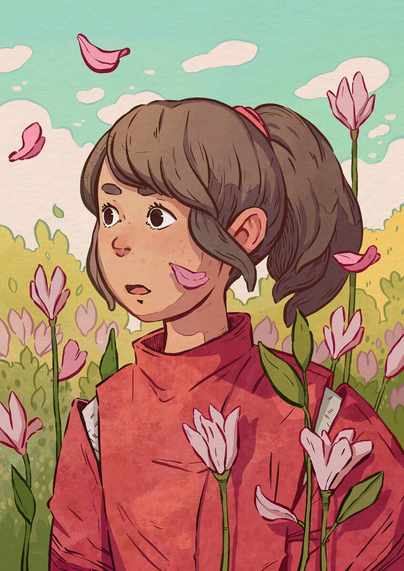 digital fanart of Chihiro from the Ghibli movie in a playful comic, lineartheavy style